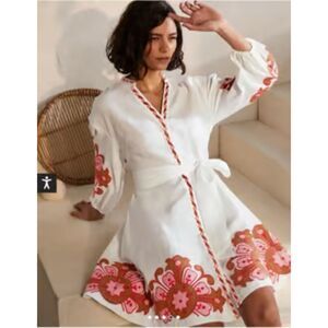 Boden Embroidered Linen Dress Size 14 – Appliqué & Blouson Sleeves NWT